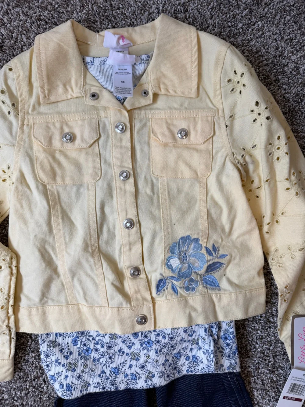 Little Lass 3 piece outfit Yellow Eyelet Jacket with Blue Floral Embroidery - Picture 2 of 6